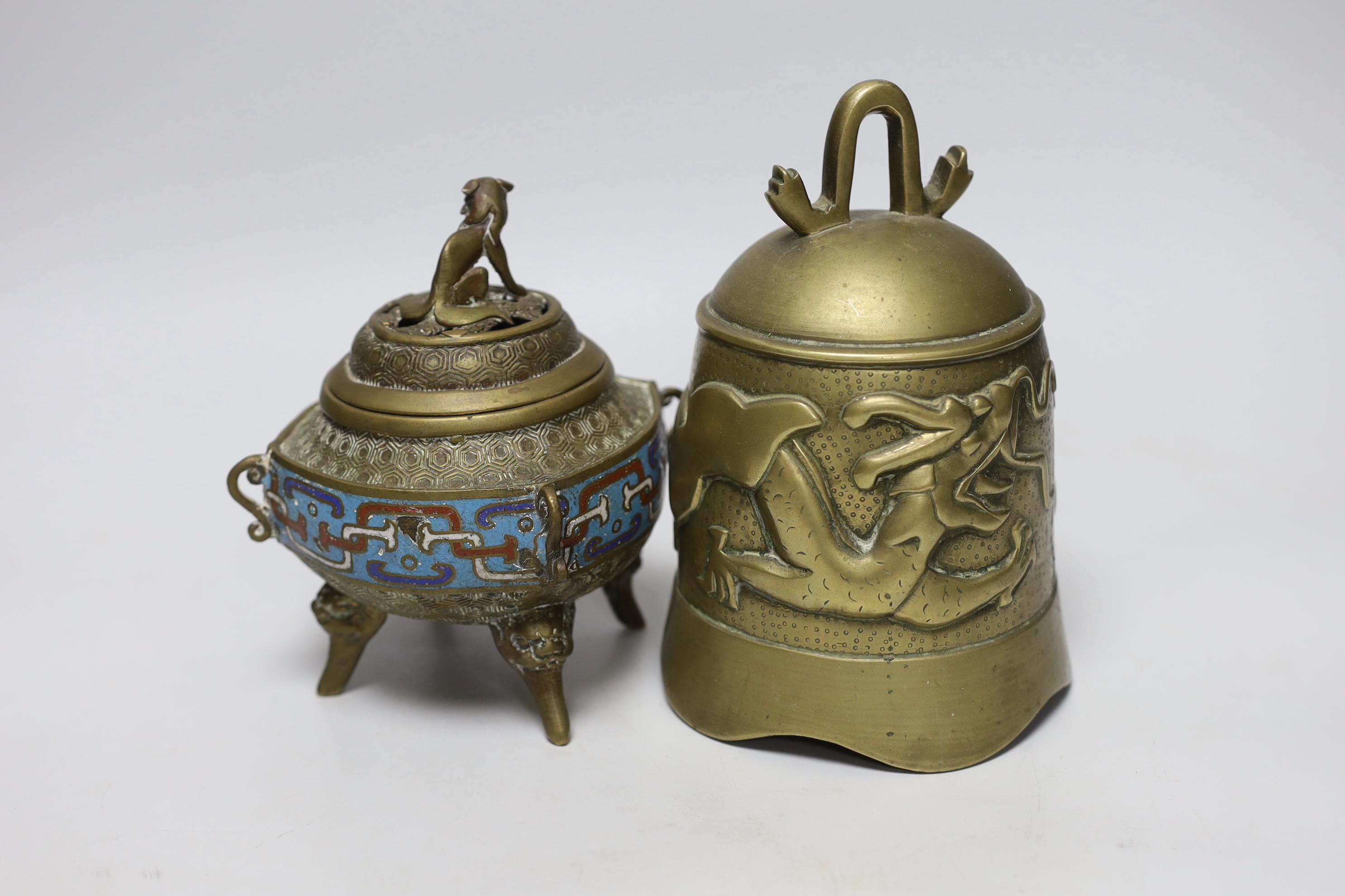 A Japanese champleve enamel and bronze censer and a Chinese bronze bell, tallest 18cm